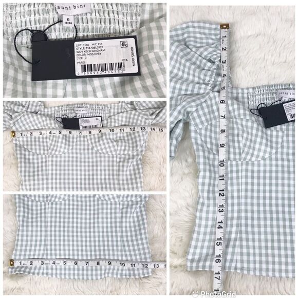 GIANNI BINI Gingham Peasant Crop Top Puff Sleeve Mint Green Size 0 8 10 New - Picture 13 of 15
